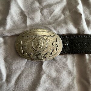Leather Western Belt with Ornate Silver-Tone Buckle - Black